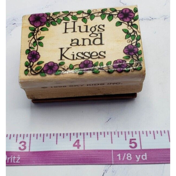 Hugs and Kisses Floral Wood Mounted Rubber Stamp 1998 Sky Kids Wooden Stamp - Picture 2 of 8